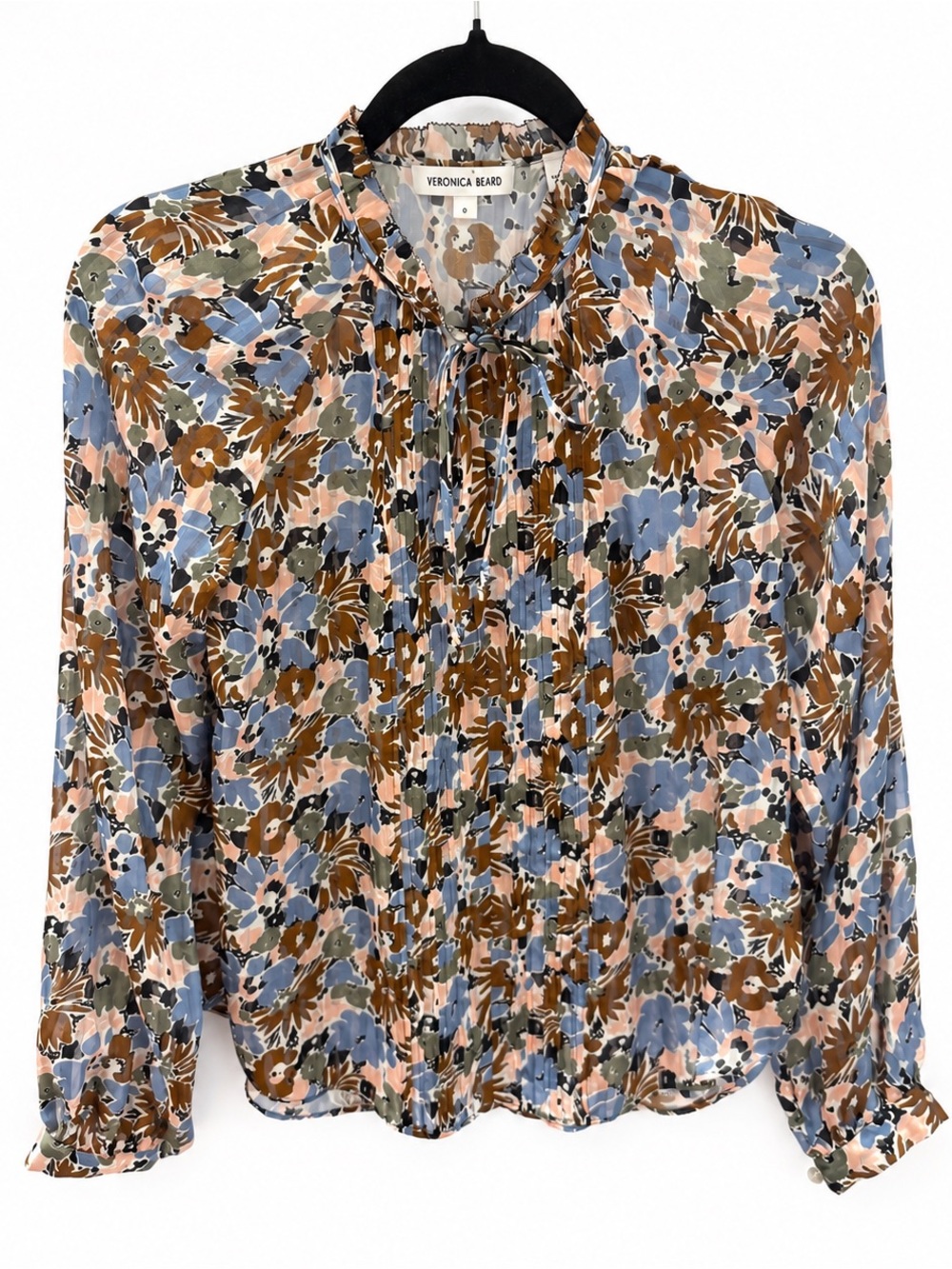 Veronica Beard Linds Pleated Silk Floral Blouse Blue Lake Mist Multi Size 0